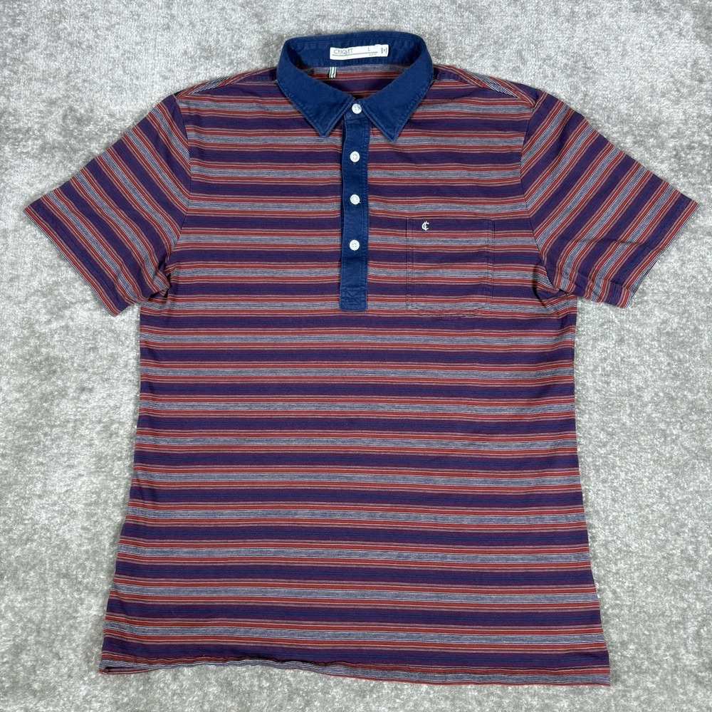 Criquet Polo Shirt Men's Large Blue Striped Organic Cotton Slim Fit Short Sleeve
